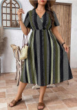 Plus Size Women Striped Polka Dot V Neck Maxi Dress