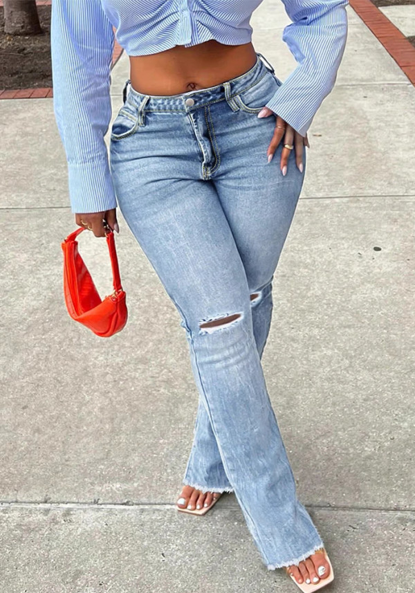 Women spring summer ripped bell bottom denim frayed bell bottom Pant