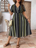 Plus Size Women Striped Polka Dot V Neck Maxi Dress