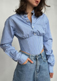 Women Summer Striped Turndown Collar Long-Sleeve Shirt Top