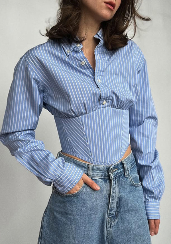 Women Summer Striped Turndown Collar Long-Sleeve Shirt Top