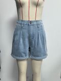 Women spring summer turndown collar denim shirt and rolled-up shorts two-piece set