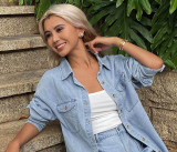 Women spring summer turndown collar denim shirt and rolled-up shorts two-piece set