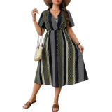Plus Size Women Striped Polka Dot V Neck Maxi Dress