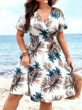 Women Summer Print V-Neck Holidays Short-Sleeve Maxi Dress