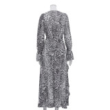 Women elegant printed long-sleeved ruffle floral dress