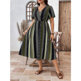 Plus Size Women Striped Polka Dot V Neck Maxi Dress