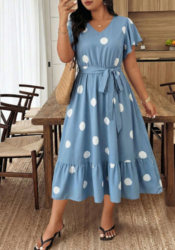 Plus Size Light Blue Polka Dot V-Neck Dress Ruffled Tie Dress
