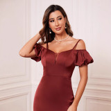 Women Burgundy Strappy Off-Shoulder Prom Elegant Dress