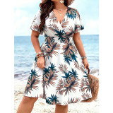 Women Summer Print V-Neck Holidays Short-Sleeve Maxi Dress