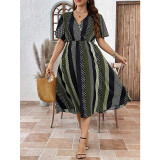 Plus Size Women Striped Polka Dot V Neck Maxi Dress