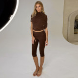 Women Spring Sexy Draped Top and Capri Pants Two-Piece Set
