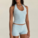 Women Summer Casual Striped Halter Neck Backless Top and Shorts Two-Piece Set