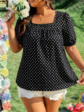 Plus Size Women Summer Polka Dot Square Neck Puff Sleeve Top