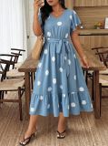 Plus Size Light Blue Polka Dot V-Neck Dress Ruffled Tie Dress