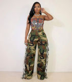 Women Camouflage Tassel Pocket Button Camouflage Pants