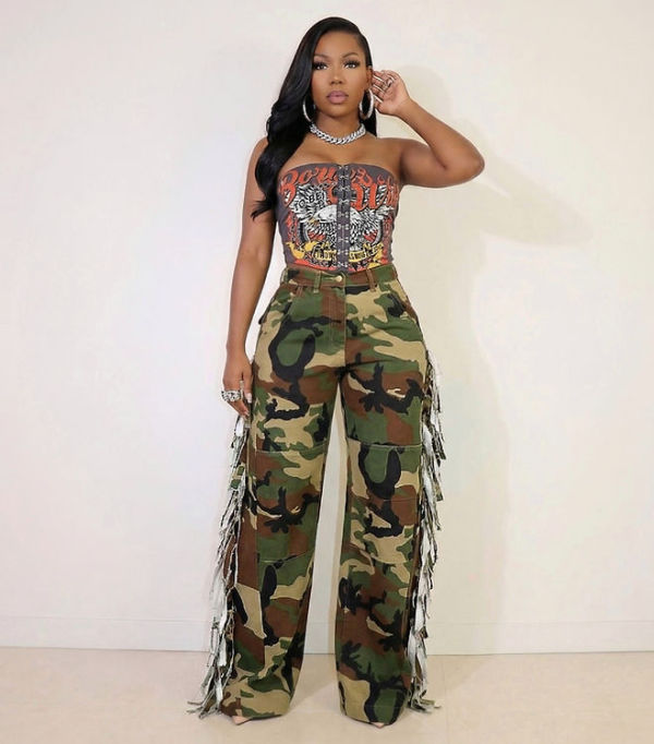 Women Camouflage Tassel Pocket Button Camouflage Pants