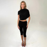 Women Spring Sexy Draped Top and Capri Pants Two-Piece Set