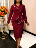 Plus-Size Women Purple V-Neck Long-Sleeve Ruffled Rhinestone Elegant Dress