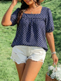 Plus Size Women Summer Polka Dot Square Neck Puff Sleeve Top