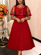 Plus-Size Women Red Patchwork Mesh Bow Shawl Pleated Dress