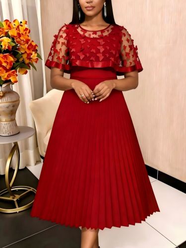 Plus-Size Women Red Patchwork Mesh Bow Shawl Pleated Dress