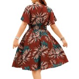 Women Summer Print V-Neck Holidays Short-Sleeve Maxi Dress