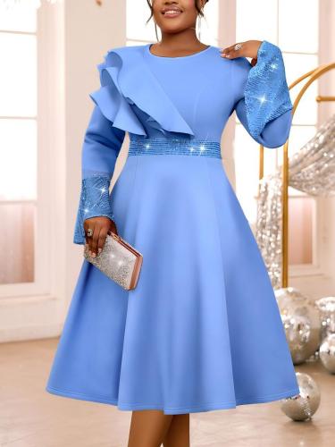 Plus Size Women Light Blue Diamond Bell Sleeve A-line Elegant Gown Dress