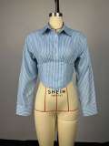 Women Summer Striped Turndown Collar Long-Sleeve Shirt Top