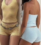 Women Summer Casual Striped Halter Neck Backless Top and Shorts Two-Piece Set