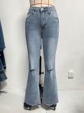 Women spring summer ripped bell bottom denim frayed bell bottom Pant