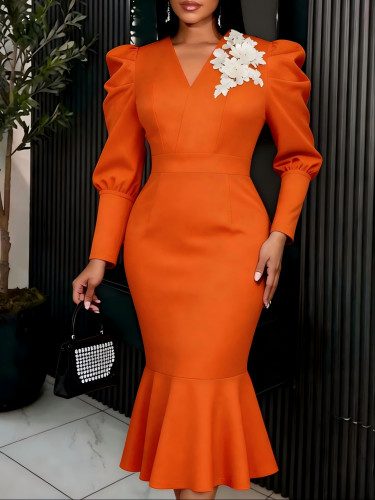 Plus-Size Women Orange V-Neck Embroidered Flower Puff Sleeve Church Wedding Bodycon Fishtail Dress