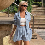 Women spring summer turndown collar denim shirt and rolled-up shorts two-piece set