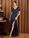 Women Navy Slit V-Neck Short-Sleeved Sequined Dress