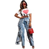 Plus Size Women Frayed Pleated Denim Wide-Leg Pants