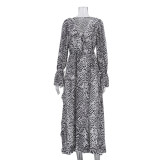 Women elegant printed long-sleeved ruffle floral dress