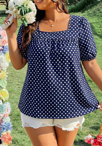 Plus Size Women Summer Polka Dot Square Neck Puff Sleeve Top