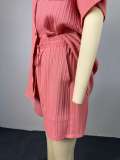 Women Spring Turndown Collar Short-sleeved shirt with tie and wide-leg shorts two-piece set