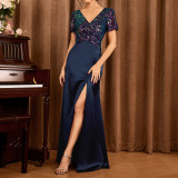 Women Navy Slit V-Neck Short-Sleeved Sequined Dress