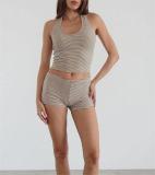 Women Summer Casual Striped Halter Neck Backless Top and Shorts Two-Piece Set