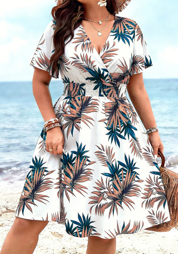 Women Summer Print V-Neck Holidays Short-Sleeve Maxi Dress