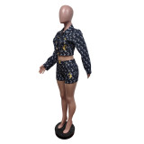 Fashion Printed and embroidered slim fit long-sleeved two piece shorts set
