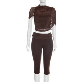Women Spring Sexy Draped Top and Capri Pants Two-Piece Set