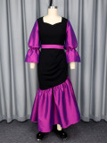Spring Women's African Fashion Bell Sleeve Colorblock Ruffle Mermaid Evening Dress