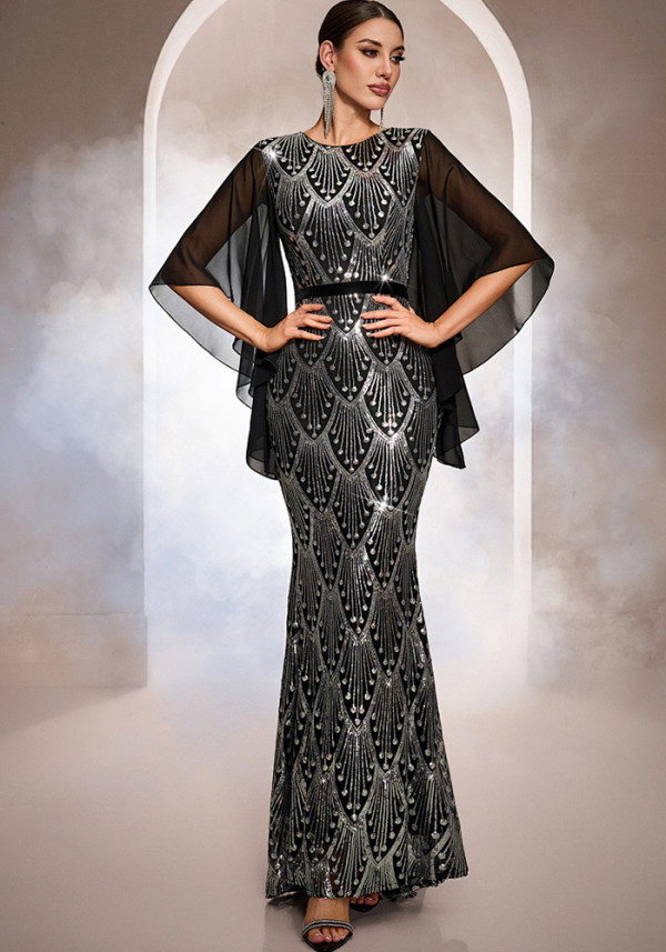 Spring Women's Luxury Long Sleeve Round Neck Sequin Mermaid Formal Party Evening Dress