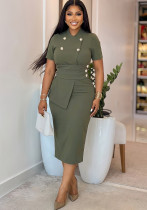 Spring Women's Elegant Casual Short Sleeve Button Detail Career Dress Spring Women's Elegant Casual Short Sleeve Button Detail Career Dress