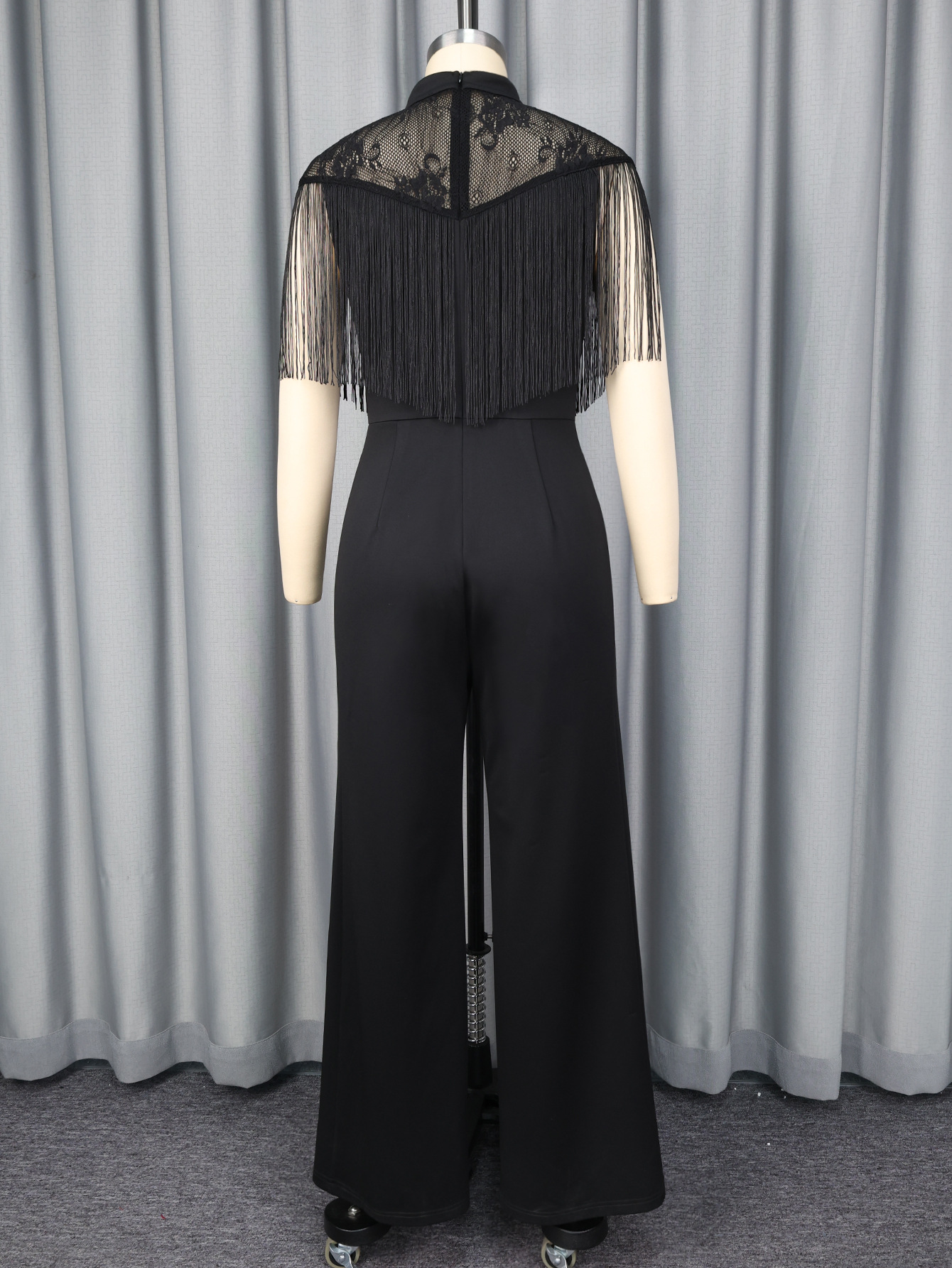 Black Long Sleeve Fringe Lace See-Through Slim Fit Jumpsuit