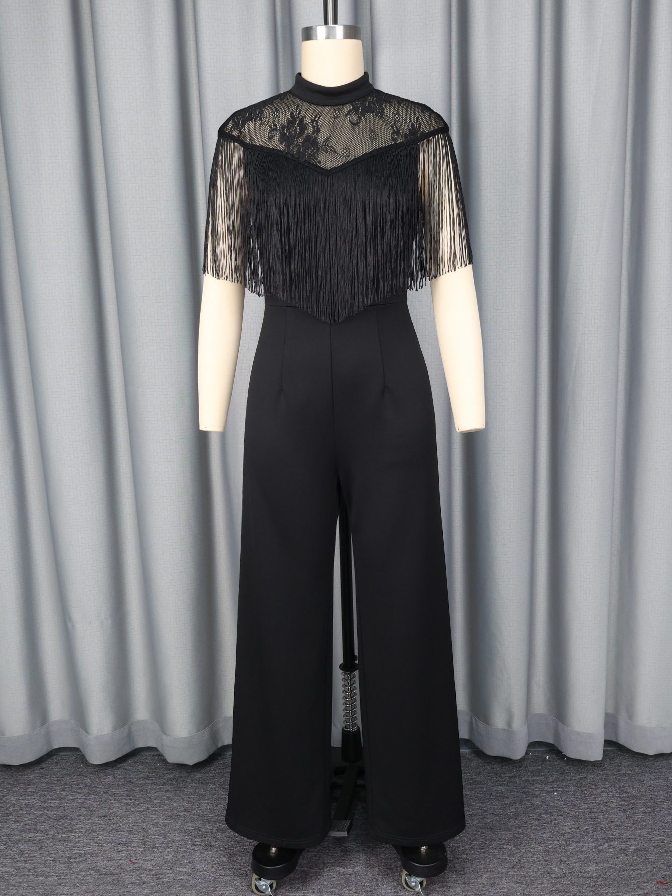Black Long Sleeve Fringe Lace See-Through Slim Fit Jumpsuit