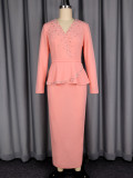 Spring Women's Formal Party Slim Waist Beaded V-Neck Ruffle Elegant Career Formal Party Dress