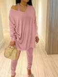 Spring Women's Chic One-Shoulder Loose Top & Tight Pants Casual Set